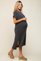 Charcoal Ribbed Short Sleeve Maternity Midi Dress