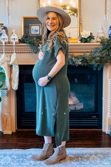 Olive Ribbed Short Sleeve Maternity Midi Dress