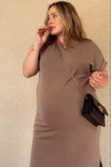 Mocha Ribbed Short Sleeve Maternity Midi Dress