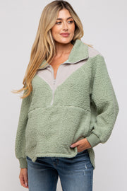 Green Colorblock Half Zip Fleece Maternity Pullover