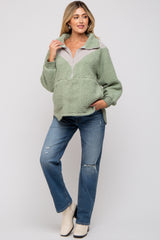 Green Colorblock Half Zip Fleece Maternity Pullover