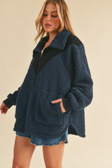 Navy Blue Colorblock Half Zip Fleece Maternity Pullover