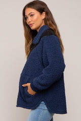 Navy Blue Colorblock Half Zip Fleece Maternity Pullover