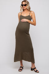 Olive Open Knit Crochet Maternity Midi Dress