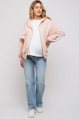 Light Pink Zipper Hooded Maternity Jacket