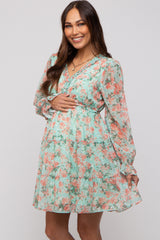 Aqua Floral Ruffle Accent Maternity Dress