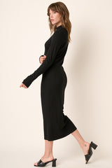 Black Ribbed Mock Neck Midi Dress