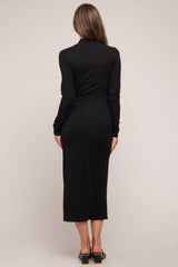 Black Ribbed Mock Neck Maternity Midi Dress