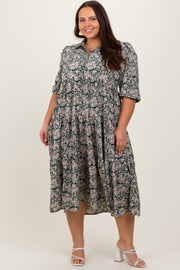 Green Floral Collared Tiered Plus Maxi Dress