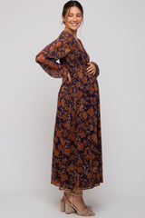 Navy Floral Long Sleeve V-Neck Maternity Maxi Dress