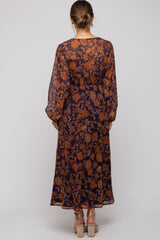 Navy Floral Long Sleeve V-Neck Maternity Maxi Dress