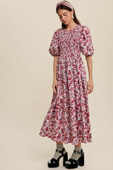 Magenta Flower Print Smocked Poplin Maxi Dress