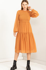 Orange Chiffon Tiered Midi Dress