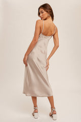 Champagne Lace Trim V Neck Satin Midi Slip Dress