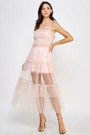 Blush Sequin Ruffle Tiered Tulle Midi Dress