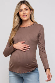 Brown Rib Knit Lettuce Trim Maternity Long Sleeve Top