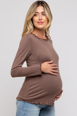 Brown Rib Knit Lettuce Trim Maternity Long Sleeve Top