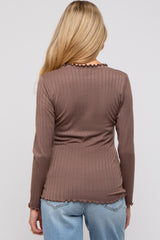 Brown Rib Knit Lettuce Trim Maternity Long Sleeve Top