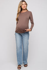 Brown Rib Knit Lettuce Trim Maternity Long Sleeve Top