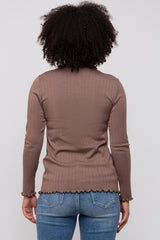 Brown Rib Knit Lettuce Trim Long Sleeve Top