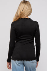 Black Rib Knit Lettuce Trim Maternity Long Sleeve Top