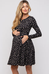 Black Floral Soft Knit Long Sleeve Maternity Dress