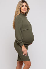 Olive Rib Knit Mock Neck Maternity Nursing Dress