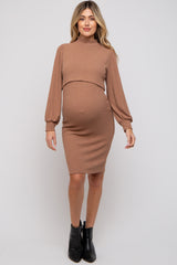 Mocha Rib Knit Mock Neck Maternity Nursing Dress