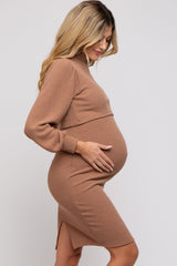 Mocha Rib Knit Mock Neck Maternity Nursing Dress