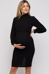 Black Rib Neck Mock Neck Maternity Nursing Dress