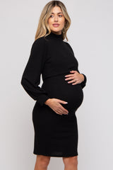 Black Rib Neck Mock Neck Maternity Nursing Dress