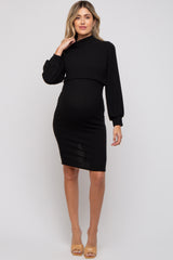 Black Rib Neck Mock Neck Maternity Nursing Dress