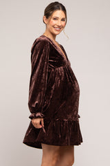 Brown Velvet Long Sleeve Maternity Dress