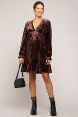 Brown Velvet Long Sleeve Maternity Dress