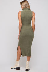 Olive Fuzzy Knit Sleeveless Turtle Neck Maternity Midi Dress