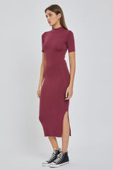 Burgundy Knit Fitted Mock Neck Midi Dress