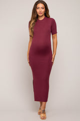 Burgundy Knit Fitted Mock Neck Maternity Midi Dress