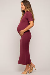 Burgundy Knit Fitted Mock Neck Maternity Midi Dress