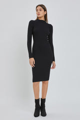 Black Ribbed Fitted Mock Neck Long Sleeve Maternity Dress