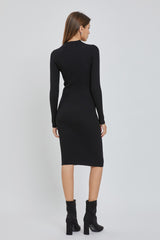 Black Ribbed Fitted Mock Neck Long Sleeve Dress