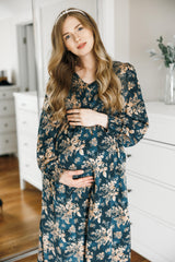 Teal Floral Long Sleeve Maternity Maxi Dress