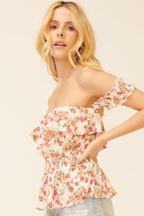 Cream Floral Off-Shoulder Ruffle Flounce Peplum Top