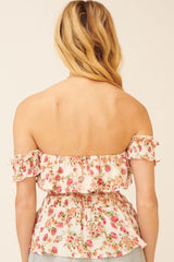 Cream Floral Off-Shoulder Ruffle Flounce Peplum Top