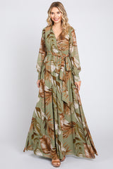 Olive Palm Print Chiffon Wrap Front V-Neck Long Sleeve Maternity Maxi Dress