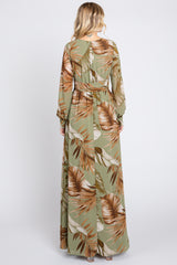 Olive Palm Print Chiffon Wrap Front V-Neck Long Sleeve Maxi Dress