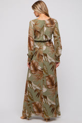 Olive Palm Print Chiffon Wrap Front V-Neck Long Sleeve Maternity Maxi Dress