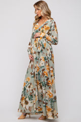 Mint Green Floral Chiffon Wrap Front V-Neck Long Sleeve Maternity Maxi Dress