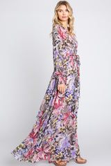 Mauve Floral Chiffon Wrap Front V-Neck Long Sleeve Maxi Dress