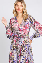 Mauve Floral Chiffon Wrap Front V-Neck Long Sleeve Maxi Dress