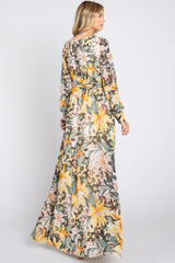 Yellow Floral Chiffon Wrap Front V-Neck Long Sleeve Maxi Dress